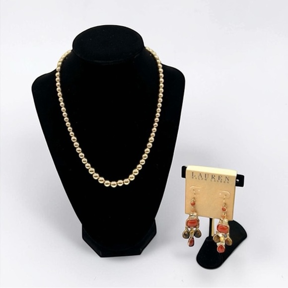 NWT Ralph Lauren Dangle Earrings & Gold Tone Graduated Bead Toggle Necklace 17" - Picture 16 of 16